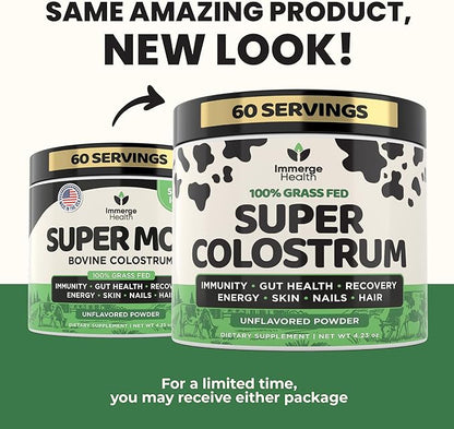 Super Colostrum Grass Fed Bovine Colostrum Powder for Bloating, Immune, Energy, Gut Health Hair, Skin and Nails Colostrum Supplement | 50% IgG Cow Colostrum for Humans | Superfood for Women and Men