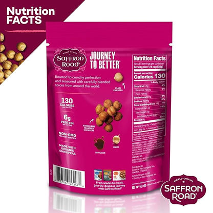 Saffron Road Roasted and Crunchy Korean BBQ Chickpeas | High Protein Snacks | Gluten-free, Vegan, Non-GMO, and Certified Halal and Kosher | 5.4oz Pouch | Pack of 6