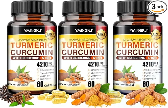 Turmeric Curcumin Supplement with Black Pepper & Bioactive Botanicals, Turmeric,Ginger,Berberine,Ceylon Cinnamon, – Premium Organic Supplement for Daily Wellness Support 60 Capsules 3 Pack