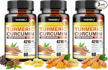 Turmeric Curcumin Supplement with Black Pepper & Bioactive Botanicals, Turmeric,Ginger,Berberine,Ceylon Cinnamon, – Premium Organic Supplement for Daily Wellness Support 60 Capsules 3 Pack