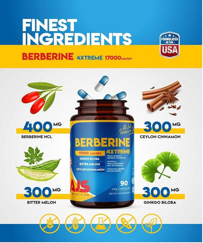AJS Berberine Supplement with Ceylon Cinnamon & Ginkgo Biloba - Blood Sugar Support Supplement, High Potency Berberine HCl 400mg + Bitter Melon Extract, 90 Capsules, 45 Days Supply