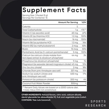 Sports Research® Hydrate Electrolytes Powder Packets - Sugar-Free & Naturally Flavored with Vitamins, Minerals, and Coconut Water - Supports Hydration - 16 Packets - Cherry Pomegranate