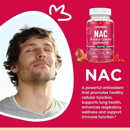 (2 Pack) NAC Gummies 600mg, N Acetyl Cysteine Supplement with Glutathione, Resveratrol, Magnesium, CoQ10, NAC Chewable for Antioxidants & Immune Support, Strawberry Flavor 120 Gummies