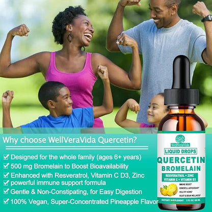 2 Pack Quercetin with Bromelain Liquid Drops, 4X Stronger Than Capsules & Pills, 7-in-1 Organic Zinc Quercetin 1000mg with Bromelain 500mg Vitamin C D3 for Immune Respiratory Health & Antioxidant
