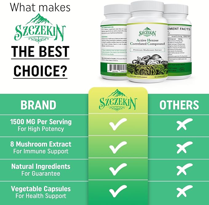 Active Hexose Correlated Compound 1500 mg Supplement, Natural 8 Mushroom Extract Supplement, Immune System, Liver Function, Natural Killer and T Cells Activity, 180 Veggie Capsules