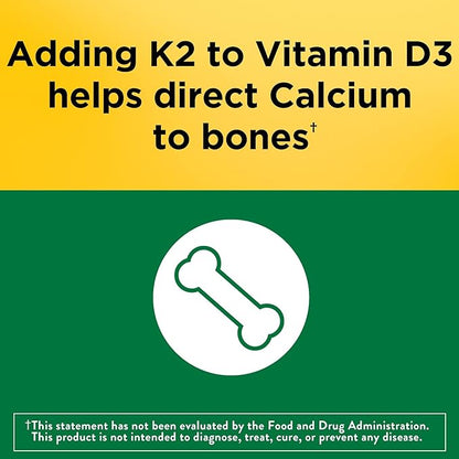 Nature Made Vitamin D3 K2 Supplement, 5000 IU (125 mcg) Vitamin D for Bone, Teeth, Muscle and Immune Support, 30 D3 and K2 Softgels, 30 Day Supply