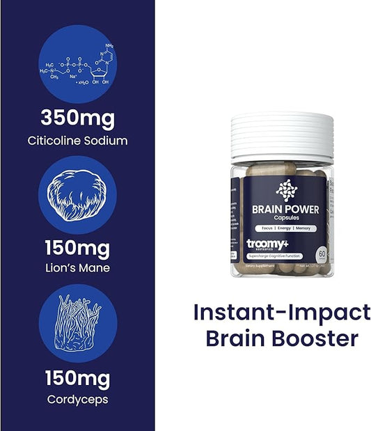 Troomy Brain Power - Focus and Memory Supplement for Brain | Citicoline, Lion's Mane, Cordyceps | Enhance Brain Function and Memory | - 60 Capsules