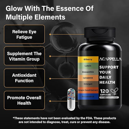 ACAPPELLA Bilberry Lutein Zeaxanthin Lycopene Omega-3 Grape Seed Extract Resveratrol Capsule Bilberry Supplement for Eyes with Multivitamins (1)