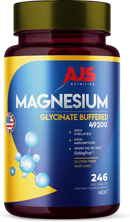 AJS Magnesium Glycinate 400mg, Magnesium Glycinate Capsules 246 Tablets, Gluten-Free, Non-GMO Supplements, Dietary Magnesium Supplement with Organic Coating, Supports Your Well-Being, (2 Pack)