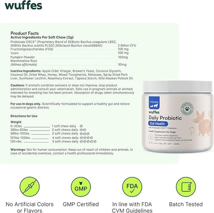 Wuffes Daily Probiotic for Dogs - Supports Digestive Health, Gut Balance, and Immune System - with Prebiotics, Marshmallow Root, and Pumpkin Powder - 60 Soft Chews