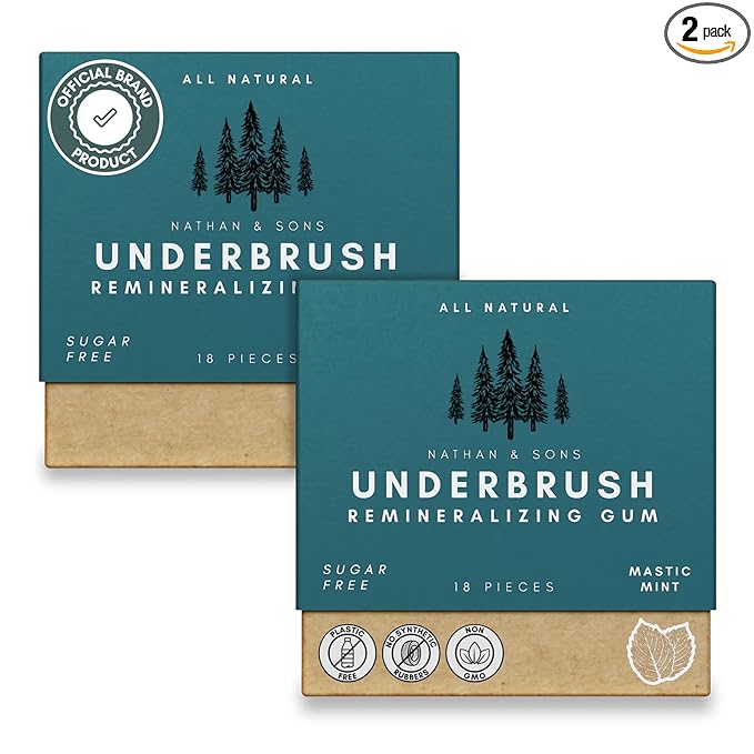 UnderBrush Mastic Mint Chewing Gum – Sugar-Free Xylitol Gum with Hydroxyapatite – No Gluten, Sugar, Aspartame and Sucralose - Tree Sap Chewing Base – 2 Pack
