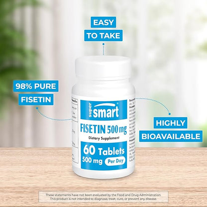Supersmart - Fisetin 500mg per Day (Easy-to-Take) - 98% Pure Fisetin Supplement - Highly Bioavailable Polyphenol - Potent Senolytic Activator | Non-GMO & Gluten Free - 60 Tablets