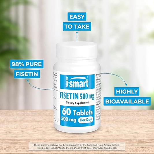 Supersmart - Fisetin 500mg per Day (Easy-to-Take) - 98% Pure Fisetin Supplement - Highly Bioavailable Polyphenol - Potent Senolytic Activator | Non-GMO & Gluten Free - 60 Tablets