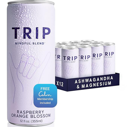 Trip Mindful Blend, Lightly Sparkling Adaptogen Seltzer, Mocktail w/ 120mg Magnesium Citrate with Ashwagandha, Lions Mane & L Theanine, No Added Sugar, Vegan, Raspberry Orange Blossom, 12 Oz, 12Pk