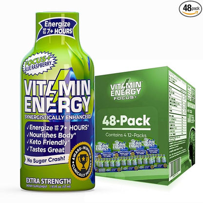Vitamin Energy Focus+ Extra Strength Energy Shot Blue Raspberry 48 Pack, 260mg Natural Caffeine, B-Vitamins, CoQ10, Amino Acids, Focus, Productivity & Clarity, Zero Sugar, Gluten-Free, 1.93 fl oz