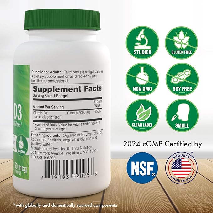 Vitamin D3 2000iu 365 Mini Softgels for Maximum Benefits | Year Supply | 50mcg Cholecalciferol | 3rd Party Tested | Non-GMO USP Grade in EVOO | Immune Health Support | Health Thru Nutrition