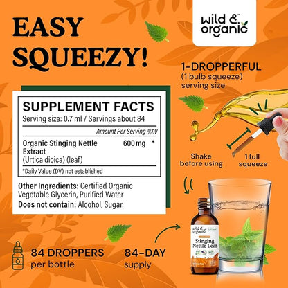 Wild & Organic Stinging Nettle Leaf Extract Drops - Urinary Tract Support - Liquid Stinging Nettle Supplement - Urtica Dioica Tincture - 2-Month Supply - Vegan, Sugar & Alcohol-Free - 2 fl oz