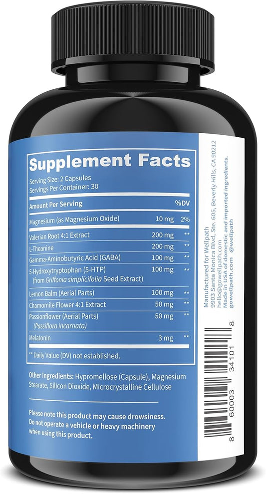 WellPath Rest Valerian Root Sleep Aid for Adults with Melatonin & L-Theanine | Natural & Herbal Sleeping Pills with Extra Strength | | 5-HTP, Lemon Balm, Chamomile, 60 Ct