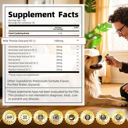 (2 Pack) Poppaw Milk Thistle for Dogs, 9-in-1 Liver & Kidney Support Drops with Artichoke, Resveratrol, Marigold Extract, Natural Detox Herbal Supplement for Liver Function, Bacon Flavor, 2 Oz