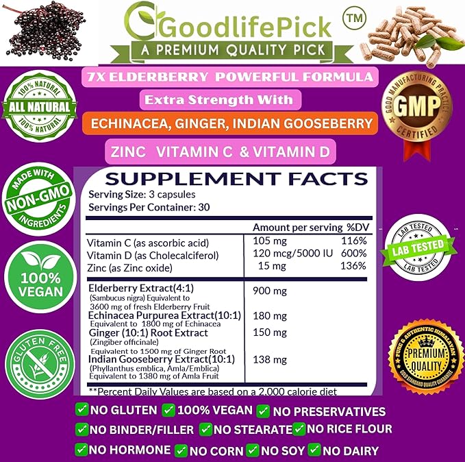 7 in 1 Elderberry with ZINC, Vitamin C, Vitamin D, Echinacea, Ginger & Indian Gooseberry (Amla).Premium Elderberry Capsules 90 ct, All Natural,Non-GMO,Vegan,No Rice Powder, No-Gluten