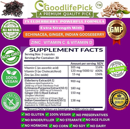 7 in 1 Elderberry with ZINC, Vitamin C, Vitamin D, Echinacea, Ginger & Indian Gooseberry (Amla).Premium Elderberry Capsules 90 ct, All Natural,Non-GMO,Vegan,No Rice Powder, No-Gluten