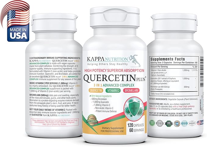 QUERCETIN PLUS, Quercetin 1,000mg, Bromelain 500mg and Vitamin C 1,000mg, (120 Capsules), 3 in 1 from Bioflavonoids, Supports Immune, Cardiovascular & Respiratory Health, Seasonal Allergy Relief.