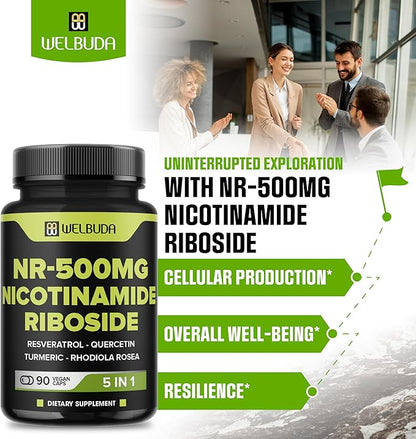 5in1+ Nicotinamide Riboside Supplement with Resveratrol, Quercetin, Turmeric, Rhodiola Rosea - 90 Count for 90 Days