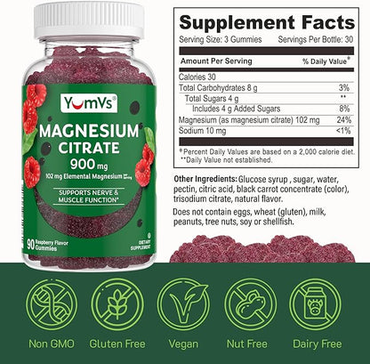 YUM-V'S Magnesium Citrate Gummies – 900mg Highly Absorbable Magnesium Gummies for Women & Men to Support Nerve, Muscle & Enzyme Function – Gluten-Free, Kosher & Raspberry Flavor (90 Count)