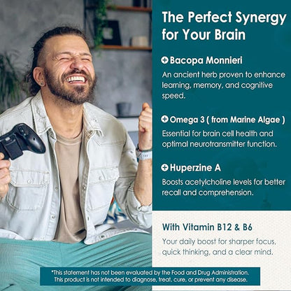 Phosphatidylserine - Nootropic Brian Supplement, Focus & Energy Gummies + Bacopa Monnieri, Omega 3, Huperzine A, Methyl B12 & B6 for Seniors, Gamers, Workers, Non-GMO, Caffeine-Free, Sugar Free,60 Cts