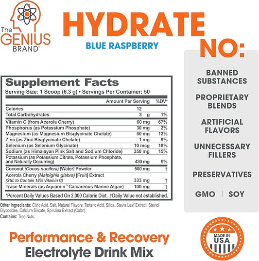 The Genius Brand - Genius Hydrate Stick Pack Powder Drink Mix – Blue Raspberry Flavor, Natural Electrolyte Booster with Coconut Water & Potassium for Ultimate Hydration - 20 Packets