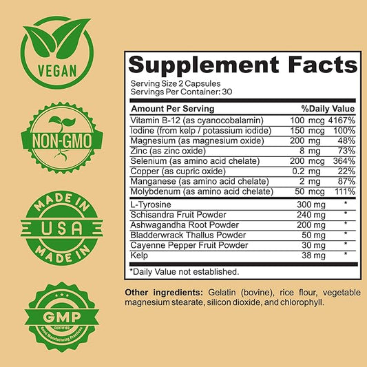 Thyroid Support Supplement – Iodine, Kelp, Ashwagandha, Selenium, Zinc – Supports Energy, Metabolism & Hormone Balance – L-Tyrosine, Schisandra, Bladderwrack – 60 Capsules