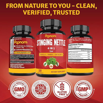 Stinging Nettle Extract Capsules - 4in1 Combined with Boswellia, Turmeric & Saw Palmetto - 150 Counts for 5 Months - Supports Joint, Body Management, Skin, Hair & Immunity