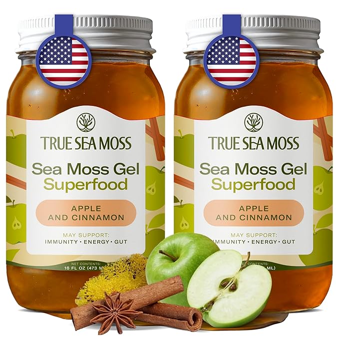 TrueSeaMoss Sea Moss Gel – Made in USA – Wildcrafted Seamoss, Fresh Fruits & Sea Vegetables – Apple/Cinnamon, Pack of 2 (Labels may Vary)
