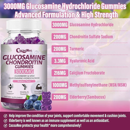 2 Packs 3000MG Glucosamine Chondroitin Gummies, Extra Strength Joint Support Supplement with MSM & Elderberry, Flexibility, Antioxidant Immune Support Gummy for Adults, Men & Women 120Cts