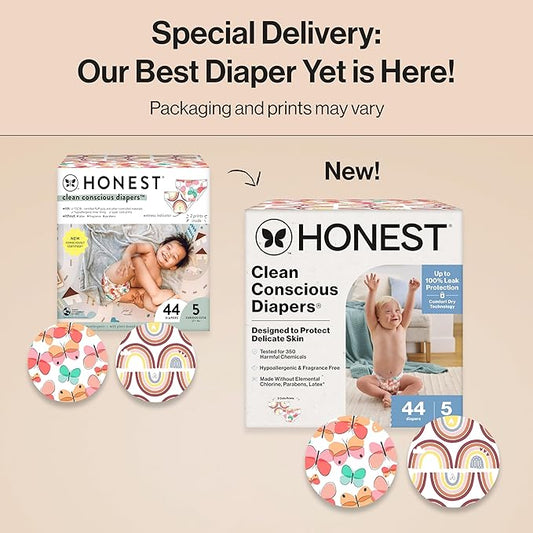 The Honest Company Clean Conscious Diapers for Delicate Skin | Up to 100% Leakproof | Hypoallergenic, Fragrance Free | Girl Prints | Club Box, Size 5 (27+ lbs), 44 Count (Prints May Vary)