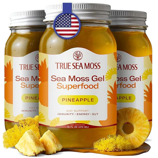 TrueSeaMoss Sea Moss Gel – Made in USA – Wildcrafted Seamoss, Fresh Fruits & Sea Vegetables – Pineapple, Pack of 3 (Labels may Vary)