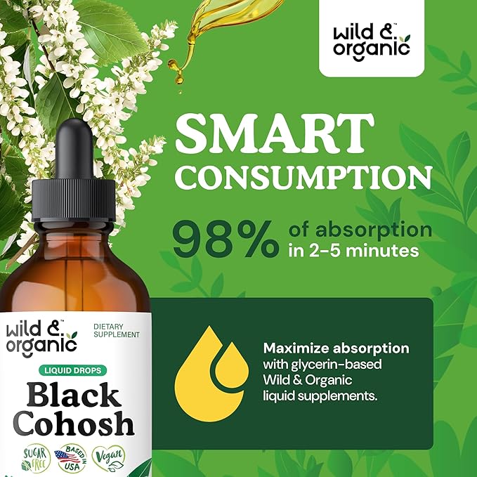 Wild & Organic Black Cohosh Tincture 540 mg - Herbal Supplements for Women - Black Cohosh Root Extract - 5-Month Supply - Vegan, Sugar & Alcohol-Free Liquid Drops - 4 fl oz