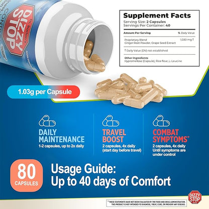 Vertigo Relief Product & Non‑Drowsy Motion Sickness Pills: Nausea and Dizziness, Ginger & Grape Seed Formula, Inner Ear Balance, Car, Cruise & Travel Essential, Stomach Support (80 Count – Pack of 2)