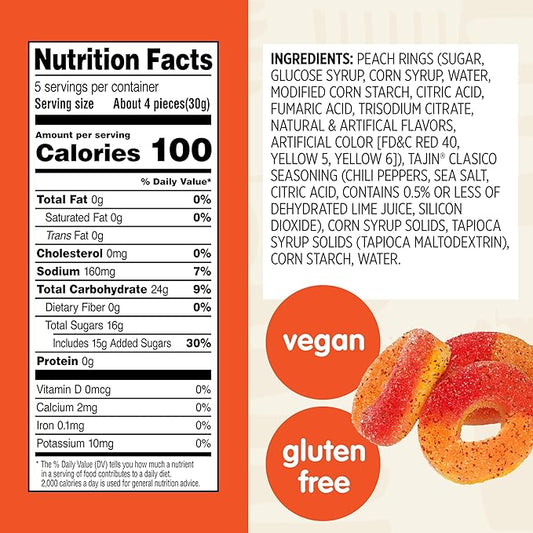 Snak Club Tajin Peach Rings Gummy Candy, Fruit Candy Gummies with Chili and Lime Seasoning, Mild, Gluten-Free and Vegan Snacks, 5 oz Resealable Bags, 6 Pack