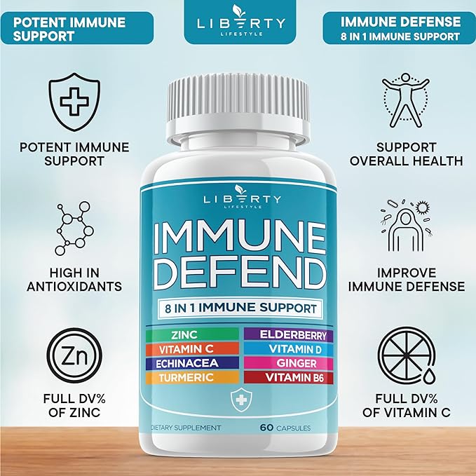 8 in 1 Immune Defense Support, Immunity Capsules Supplement with Echinacea Zinc 50mg, Vitamin C, D3 5000 IU, Turmeric Curcumin & Ginger, Echinacea - for Kids Adults (1 Pack)