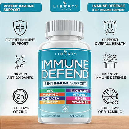 8 in 1 Immune Defense Support, Immunity Capsules Supplement with Echinacea Zinc 50mg, Vitamin C, D3 5000 IU, Turmeric Curcumin & Ginger, Echinacea - for Kids Adults (1 Pack)