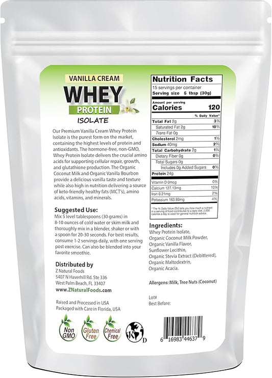 Z Natural Foods Vanilla Cream Whey Protein Isolate, Nutrition-Rich, Flavorful Protein Powder for Heart Health and Immunity, Great in Tea, Coffee, Smoothie, Non-GMO, Gluten-Free, Kosher, 1 lb.
