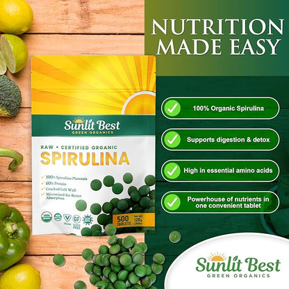 Sunlit Best Spirulina Tablets - Organic Spirulina Tablets USDA Premium 500 Count - Natural Spirulinas Organic Burst for Immune Support Muscle Growth, Energy Boost w/Chlorophyll - High Protein, Non GMO