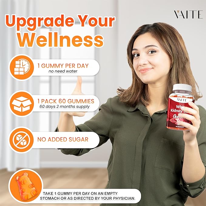 White Kidney Bean Extract 1000mg Supplement – Antioxidant Support & Daily Energy, Plant-Based Fiber from Kidney Beans, Vegan, Non-GMO, Gluten-Free, No Artificial Flavors, 60 Gummies for Men & Women