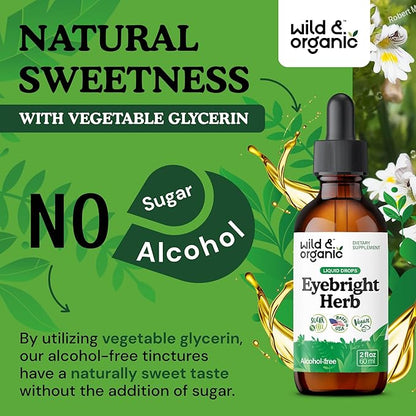 Wild & Organic Eyebright Herb Tincture - Eye Support with Eyebright Supplement - Dietary Euphrasia Extract Liquid Drops - Vegan, Sugar Alcohol-Free - 2 fl oz