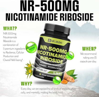 5in1+ Nicotinamide Riboside Supplement with Resveratrol, Quercetin, Turmeric, Rhodiola Rosea - 90 Count for 90 Days