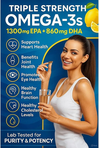 Triple Strength Omega 3 Fish Oil 3600mg – 1300mg EPA & 860mg DHA- Once Daily – Burpless Lemon Flavor, – Supports Heart, Brain, Joint & Eye Health – Wild Caught, Non-GMO, 90 Softgels, 3-Month Supply
