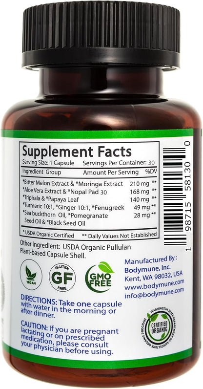USDA Organic Blood Sugar Blend | Supports Healthy Metabolism* | with Bitter Melon, Moringa, Aloe Vera, Nopal, Papaya Extracts & More | 30-Day Supply | Vegan & Non-GMO | USA-Made