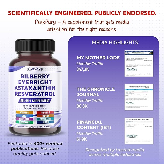 All-in-1 Bilberry Eyebright Astaxanthin Elderberry Resveratrol Supplement - Rich in Antioxidants & Supports Eye Health - Made in The USA -150 Capsules