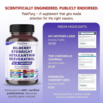 All-in-1 Bilberry Eyebright Astaxanthin Elderberry Resveratrol Supplement - Rich in Antioxidants & Supports Eye Health - Made in The USA -150 Capsules